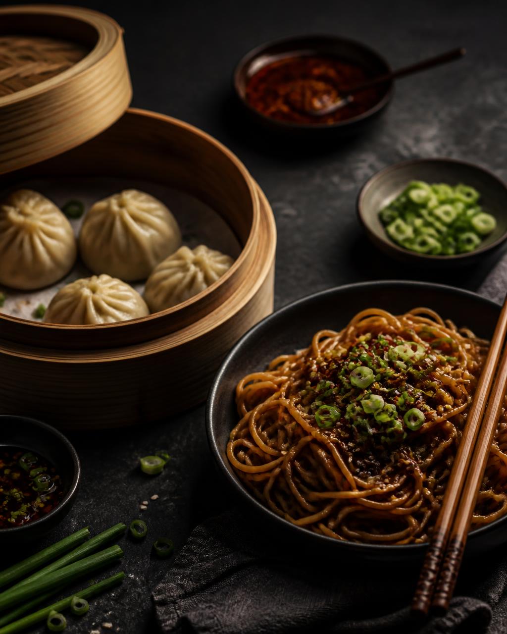 Asian catering dishes: Dumplings, Lo mein, Chili oil