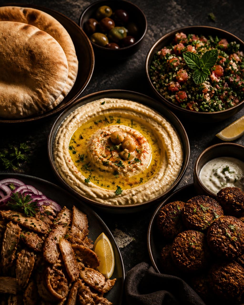 Middle Eastern catering dishes: Hummus, Falafel, Shawarma