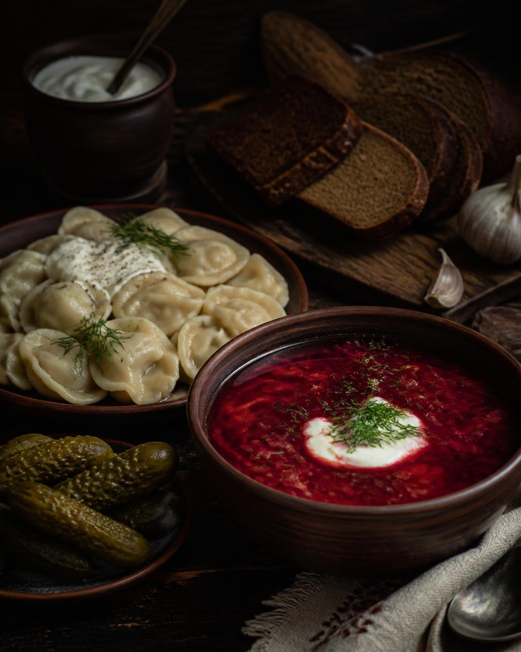 Slavic catering dishes: Pelmeni, Borscht, Rye bread