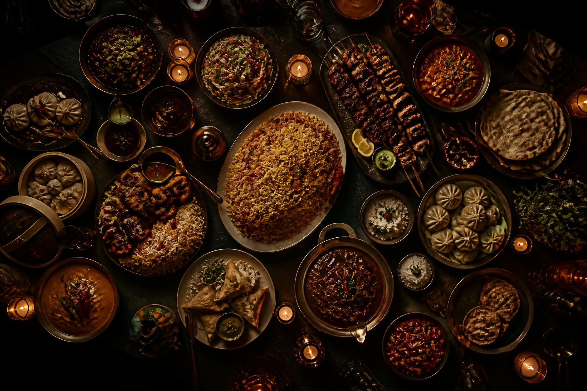 An overhead banquet table of international catering dishes lit by candlelight